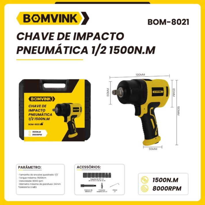 CHAVE DE IMPACTO PNEUMÁTICA 1/2 1500N.M BOMVINK BOM-8021