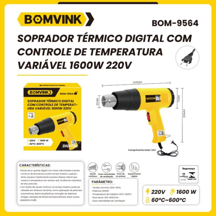 SOPRADOR TÉRMICO DIGITAL COM CONTROLE DE TEMPERATURA VARIÁVEL 1600W 220V BOMVINK BOM-9564