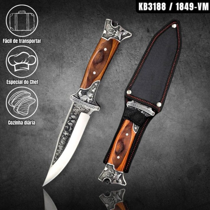 Faca de Caça e Pesca 27cm com Gravuras no Dorso, Guarda e Pomo + Bainha Reforçada KB3188 / 1849-VM
