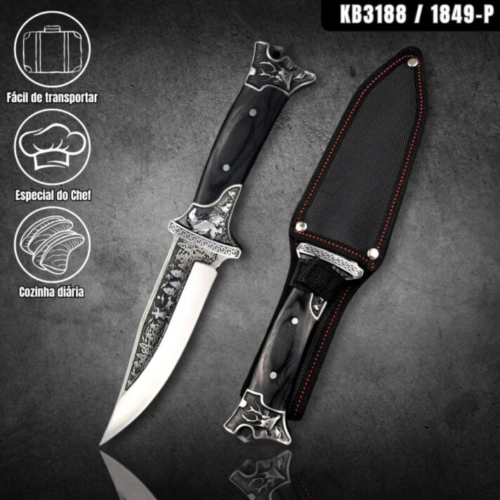 Faca de Caça e Pesca 27cm com Gravuras no Dorso, Guarda e Pomo + Bainha Reforçada KB3188 / 1849-P