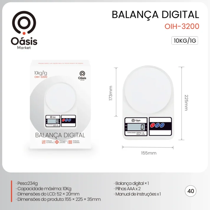 Balança Digital de 1g até 10kg na Cor Branca OIH-3200
