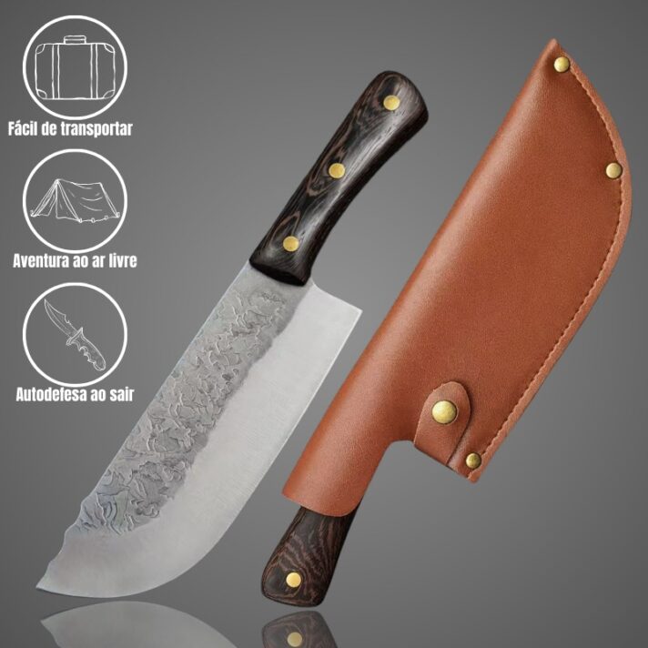 Faca Cutelo Forjado Artesanal Rustico Camping Chefe de Cozinha Com Bainha Couro DJ332