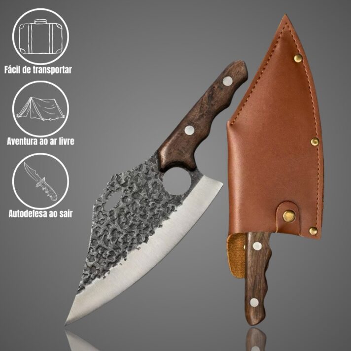 Faca Cutelo Forjado Artesanal Rustico Camping Chefe de Cozinha Com Bainha Couro DJ334