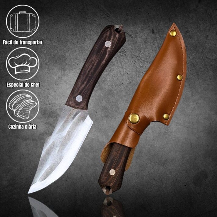Mini Faca Artesanal, Chef 21cm, Cabo de Madeira + Bainha de Couro M-D4