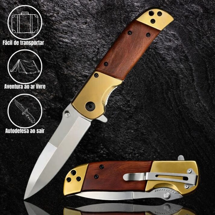 Canivete Tático Semiautomático 22,5cm, Cabo em Mogno e Aço com Clip e Trava de Segurança CJ-257