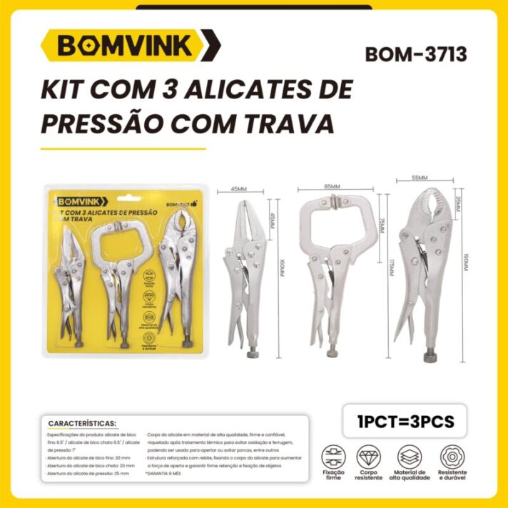KIT COM 3 ALICATES DE PRESSÃO COM TRAVA BOMVINK BOM-3713