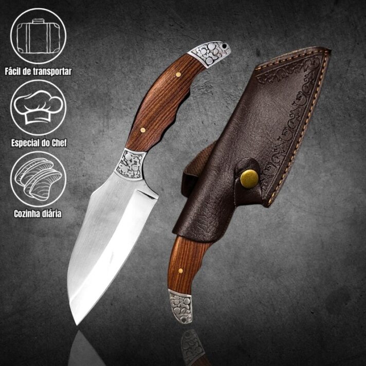 Faca Aço Inoxidável 23cm Guarda de metal e Cabo em Madeira + Bainha Couro M-D4B