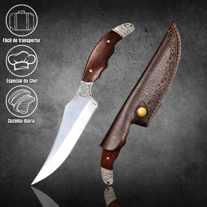 Faca Aço Inoxidável 26cm com Ponta Acentuada Guarda de metal e Cabo em Madeira + Bainha Couro M-D4A