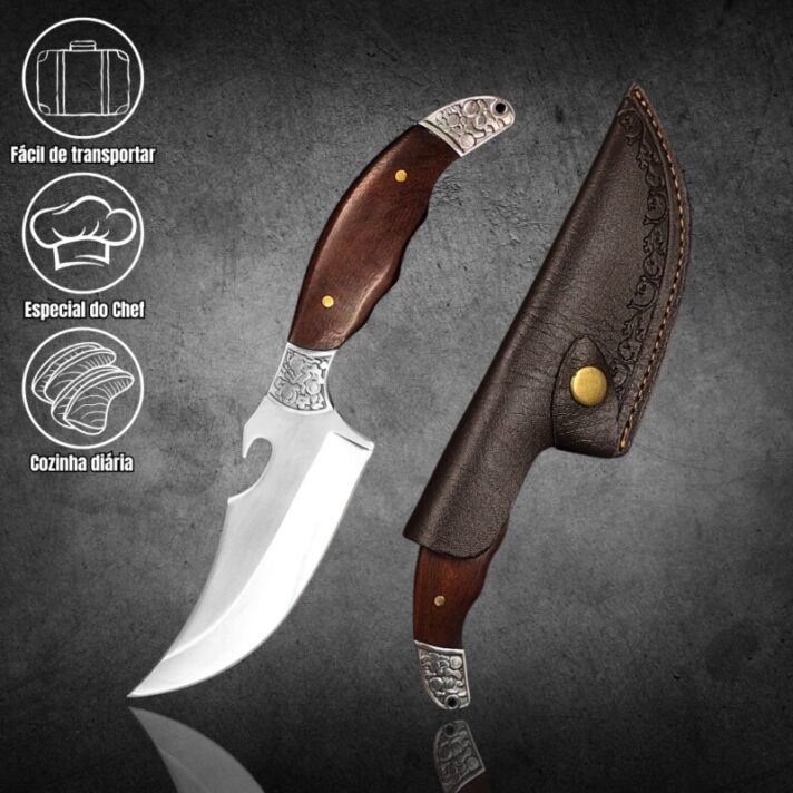 Faca Aço Inoxidável 23cm com Ponta Acentuada e Abridor no Dorso + Bainha Couro M-D4C