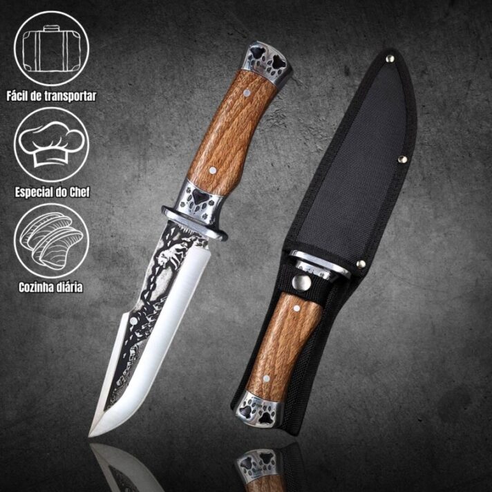 Faca Aço Inox 32cm com Gravura em Relevo no Dorso e Patas no Cabo + Bainha Reforçada TF36