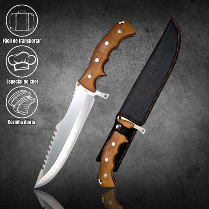 Faca Aço Inox 40cm com Serrilhado no Dorso e Cabo de Madeira Anatômico + Bainha Reforçada TFG11