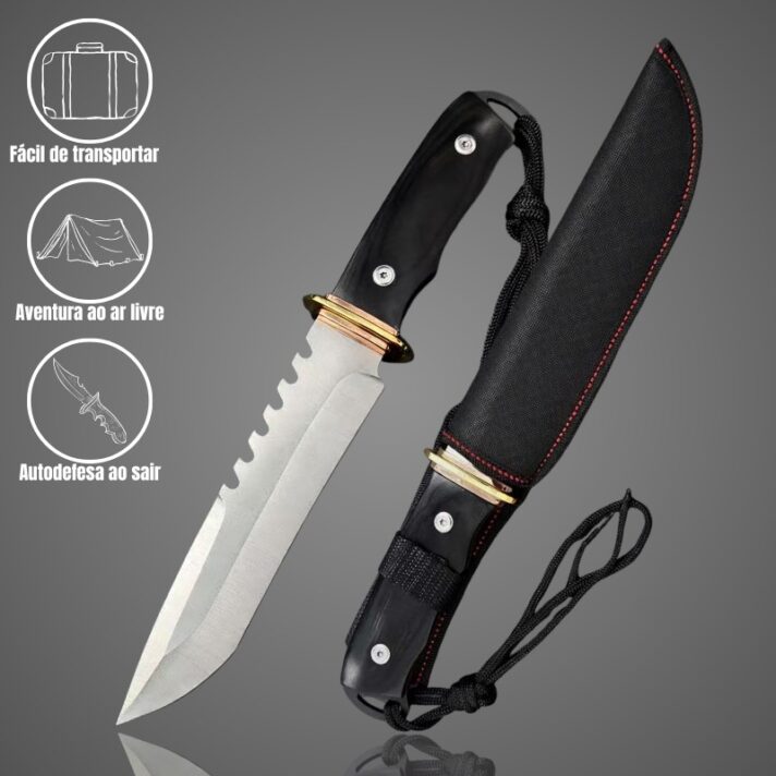 Faca Aço Inox 32,3cm com Serrilhado no Dorso e Cabo de Madeira + Bainha Reforçada DJ126