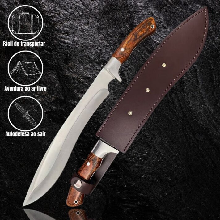 Facão Kurki Curvo 42,5cm Fulltang com Cabo em Madeira de Nogueira + Bainha de Couro Premium YX-05