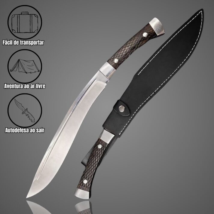 Facão Kurki Curvo 47,5cm Fulltang com Cabo em Madeira de Nogueira + Bainha de Couro Premium YX-04