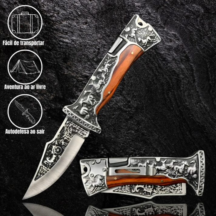 Canivete Manual 23cm c/ Relevo de Cavalos em Lâmina e Cabo , c/ Clip e Trava de Segurança + Bainha Premium CJ-209