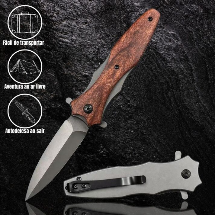 Canivete Tático Semiautomático 20cm, Cabo em Pau-Rosa com Clip e Trava de Segurança CJ-250