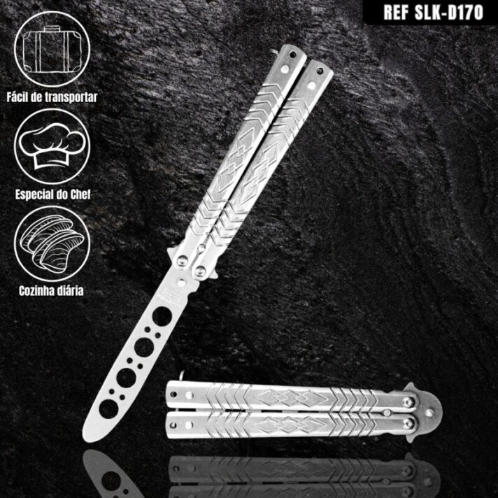 Canivete Tático De Treino Butterfly 22cm S/ Corte, em Aço Inox Personalizado Vazado Cor Prata. D170-PT3