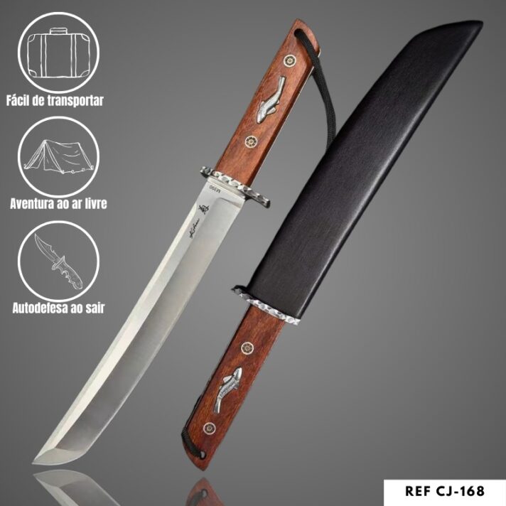 Facão Japonês Tanto Aço Especial M390 e Cabo de Sândalo Amarelo Com detalhes de Metal e Pinos de Cobre CJ-168