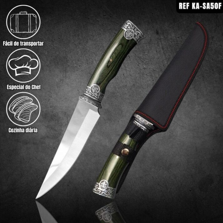 Faca Camping e Pesca 31cm em Aço Inoxidável e Cabo com Madeira Colorida + Bainha Reforçada KA-SA50F