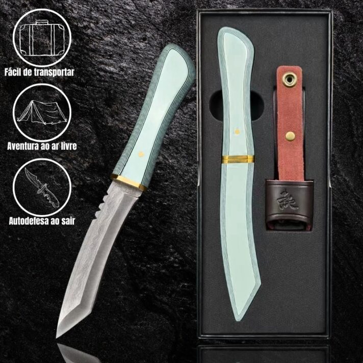 Faca Curva com Bainha de em Micarta e Suporte de Couro para Cinto + Caixa de Presente YX-700