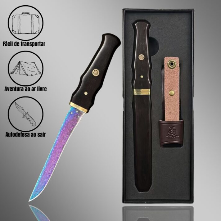 Faca Furta Cor com Bainha em Ébano Preto e Suporte de Couro para Cinto + Caixa de Presente YX-701