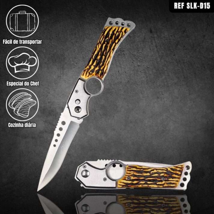 Canivete Automático Caça e Pesca 25cm com Cabo em Design de Osso c/ Mini Lanterna SLK-D15