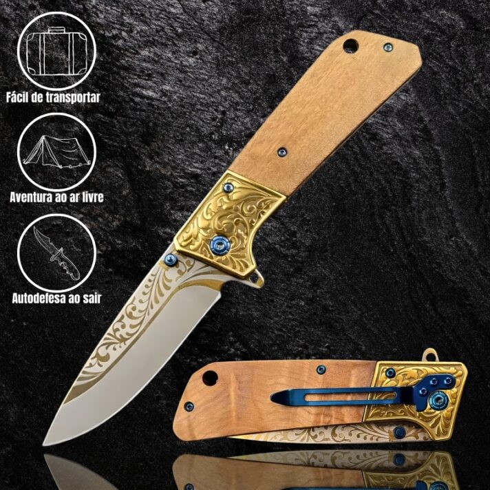 Canivete Semiautomático 21cm em Aço Inoxidável, Guarda de Latão e Cabo de Madeira Maçica CJ-91