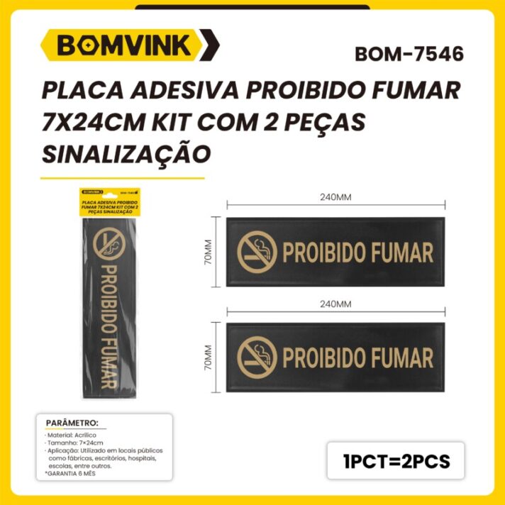 KIT COM 2 PEÇAS SINALIZAÇÃO PLACA ADESIVA PROIBIDO FUMAR 7X24CM BOM-7546