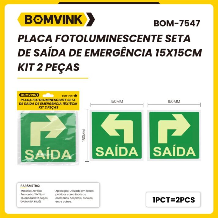 KIT 2 PEÇAS PLACA FOTOLUMINESCENTE SETA DE SAÍDA DE EMERGENCIA 15X15CM BOM-7547