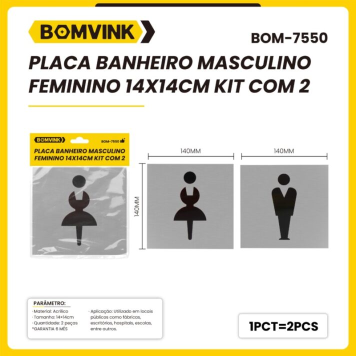 KIT COM 2 PLACA BANHEIRO MASCULINO FEMININO 14X14CM BOM-7550