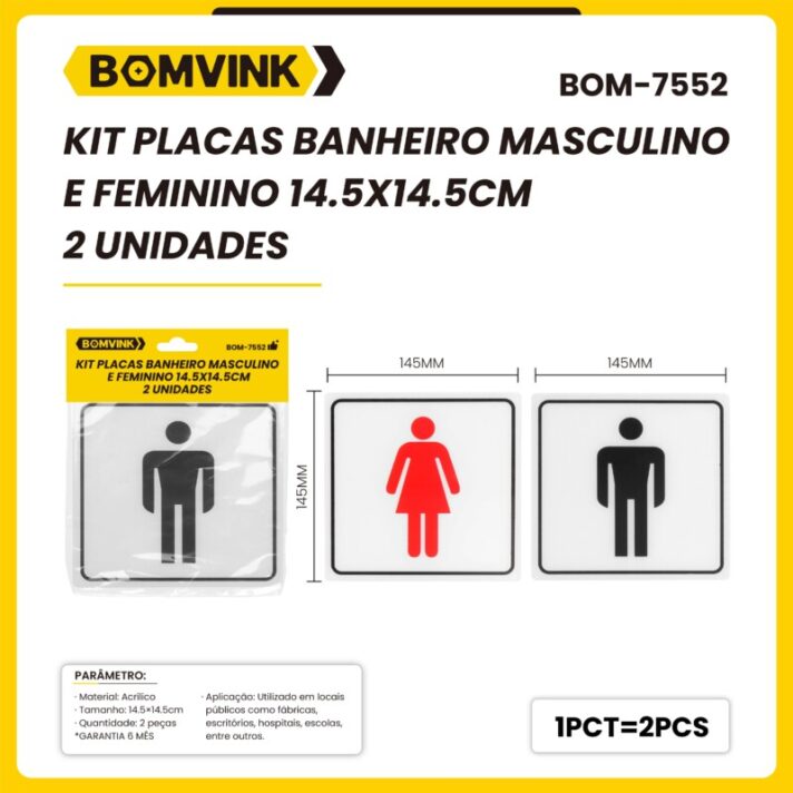 KIT 2 UNIDADES PLACAS BANHEIRO MASCULINO E FEMININO 14.5X14.5CM BOM-7552