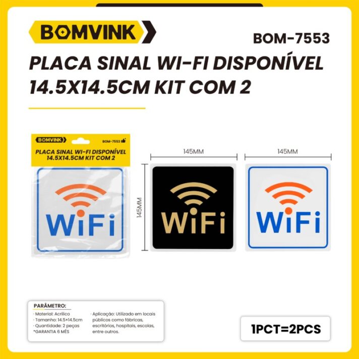 KIT COM 2 PLACA SINAL WI-FI DISPONIVEL 14.5X14.5CM BOM-7553