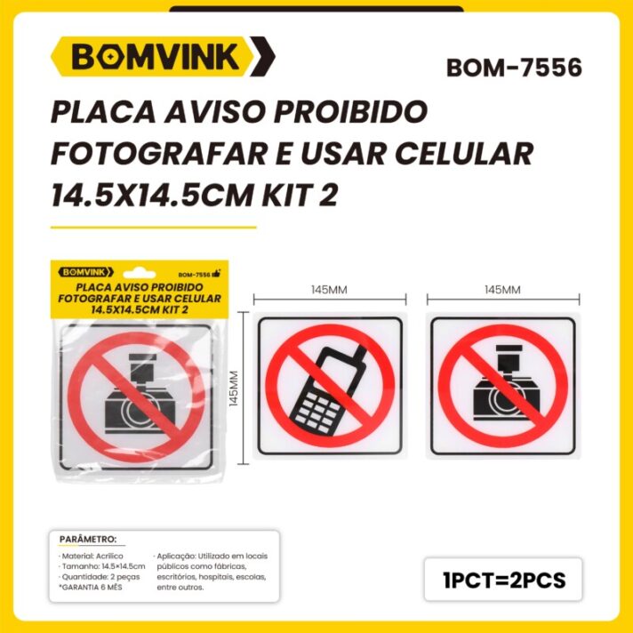 KIT 2 PLACAS AVISO PROIBIDO FOTOGRAFAR E USAR CELULAR 14.5X14.5CM BOM-7556