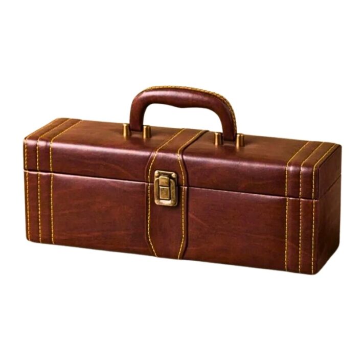 Kit Presente Maleta de Couro Sintético e Metal Estilo Retro para vinho + Acessórios para Auxílio TQPU-005