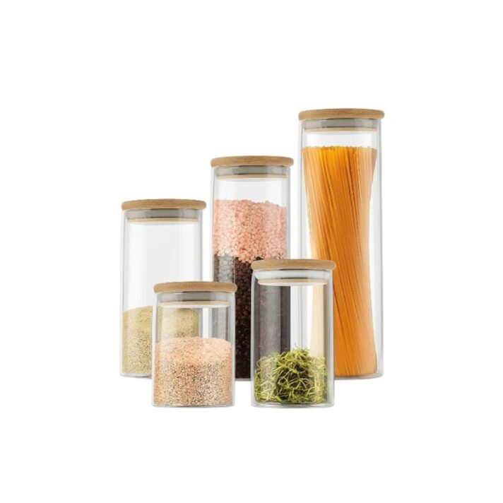 Conjunto 5 Peças de Potes de Vidro com Tampas de Bambu OI0650