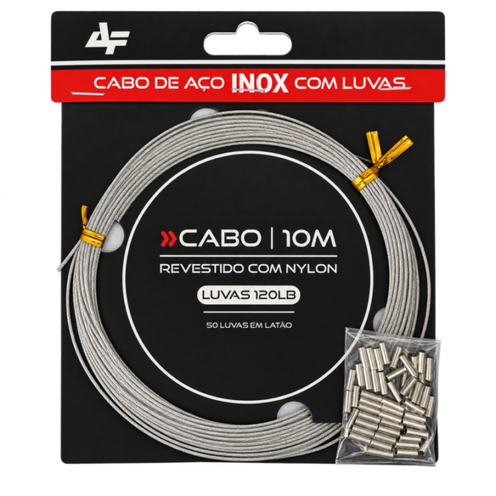 Cabo de Aço Inox 10m c/ 50 Luvas em Latão de 120lb Revestido com Nylon Cor Nickel 120LB
