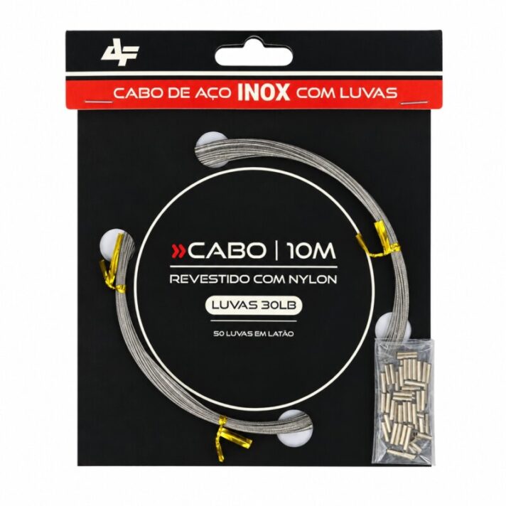 Cabo de Aço Inox 10m c/ 50 Luvas em Latão de 30lb Revestido com Nylon Cor Nickel 30LB