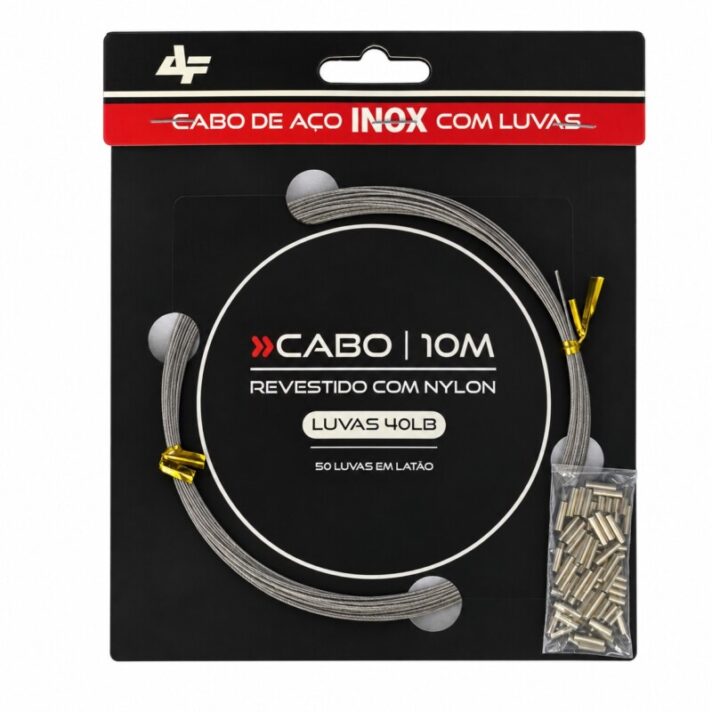 Cabo de Aço Inox 10m c/ 50 Luvas em Latão de 40lb Revestido com Nylon Cor Nickel 40LB