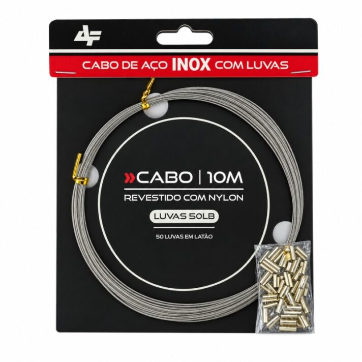 Cabo de Aço Inox 10m c/ 50 Luvas em Latão de 50lb Revestido com Nylon Cor Nickel 50LB