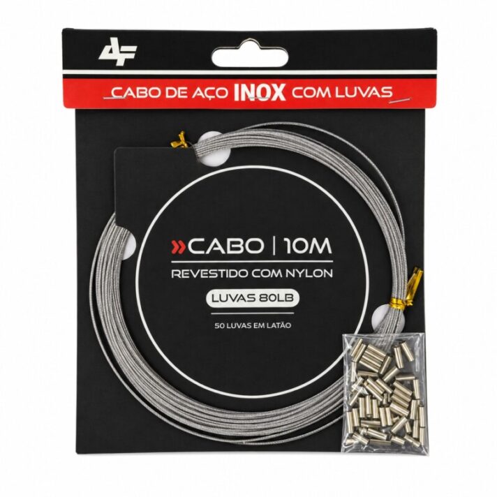 Cabo de Aço Inox 10m c/ 50 Luvas em Latão de 80lb Revestido com Nylon Cor Nickel 80LB