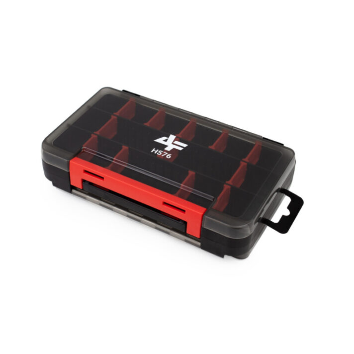 Caixa/Estojo Plástico Preto Transparente c/ Vermelho 17×10,5×3,5cm Abre os Dois Lados Divisórias Ajustáveis p/ Acessórios de Pesca H576